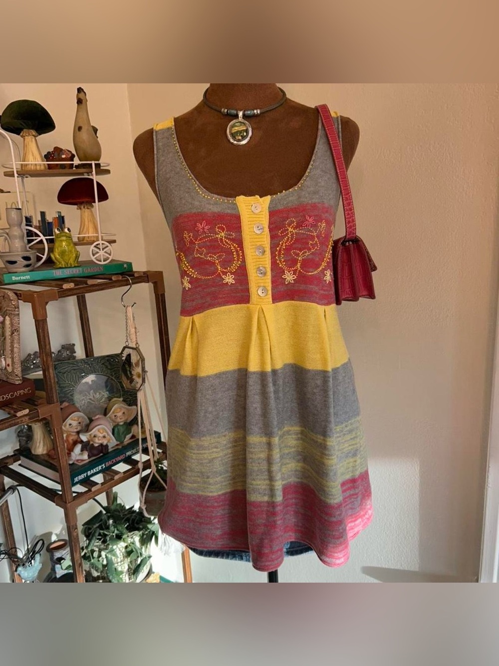 Yellow + Grey Knit Striped Tank Top w Buttons & Floral Embroidery by Lulumari